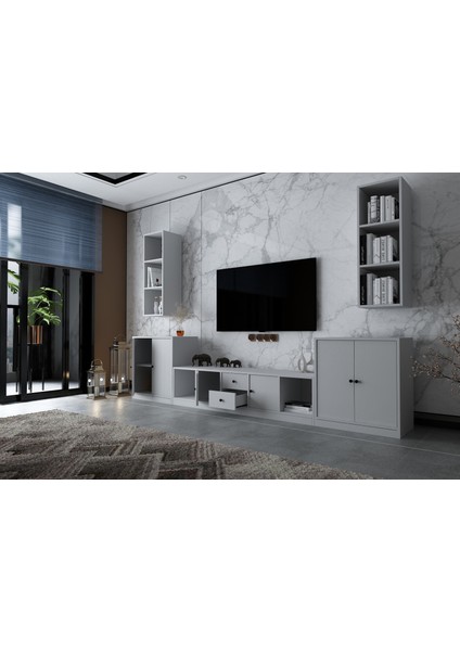 Ikili Duvar Dolaplı Altı Kapaklı Iki Çekmeceli Tv Ünitesi Beyaz 292 cm TV-1293-Ç modelleri