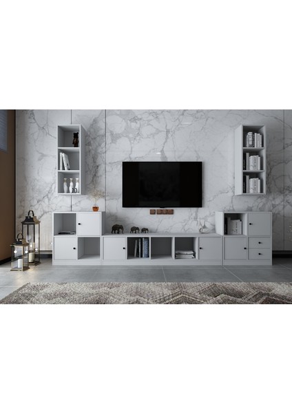 Ikili Duvar Dolaplı Altı Kapaklı Iki Çekmeceli Tv Ünitesi Beyaz 292 cm TV-1294-Ç