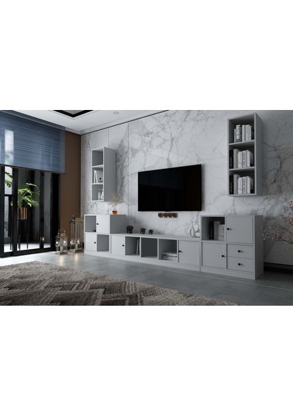 Ikili Duvar Dolaplı Altı Kapaklı Iki Çekmeceli Tv Ünitesi Beyaz 292 cm TV-1294-Ç fiyatları