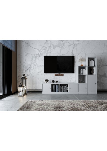 Dört Kapaklı Raflı Tv Ünitesi Beyaz 197 cm Çıtasız TV-1295-Ç