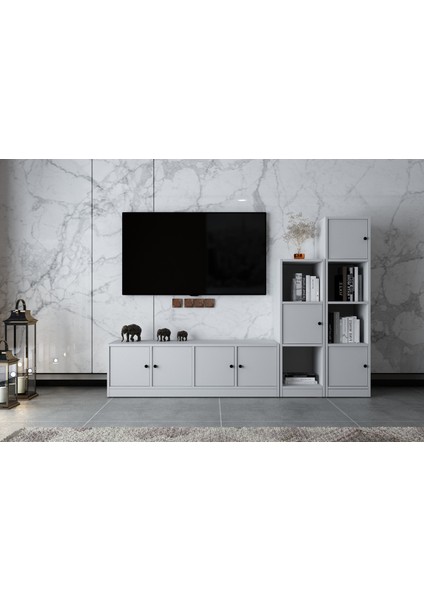 Yedi Kapaklı Kitaplıklı Tv Ünitesi Beyaz 197 cm Çıtasız TV-1298-Ç
