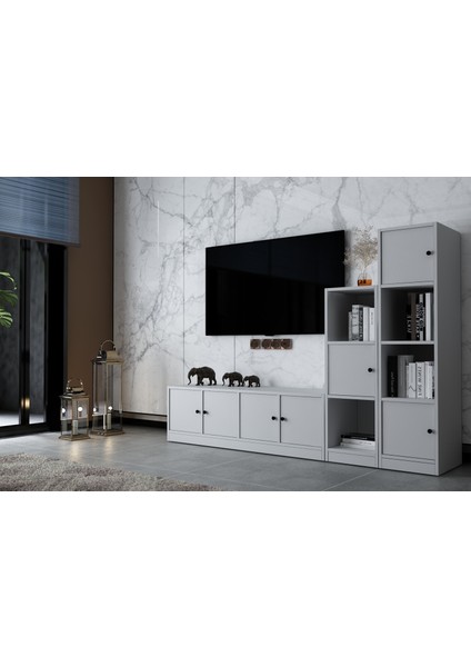 Yedi Kapaklı Kitaplıklı Tv Ünitesi Beyaz 197 cm Çıtasız TV-1298-Ç fiyatları