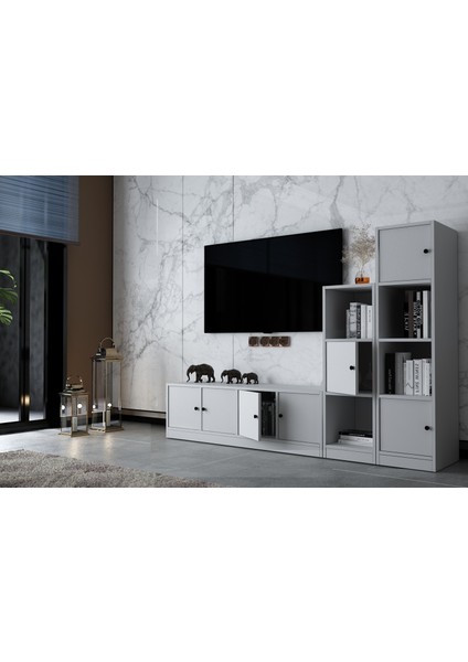 Yedi Kapaklı Kitaplıklı Tv Ünitesi Beyaz 197 cm Çıtasız TV-1298-Ç modelleri