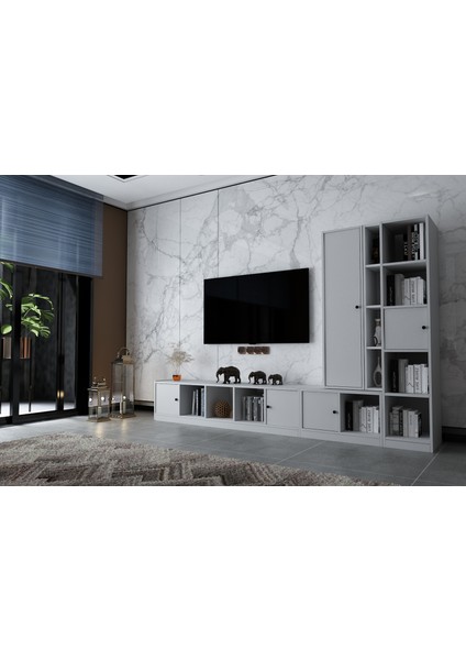 Beş Kapaklı Kitaplıklı Tv Ünitesi Beyaz 260 cm Çıtasız TV-1300-Ç fiyatları