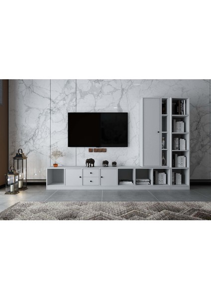 Üç Kapaklı Iki Çekmeceli Tv Ünitesi Beyaz 260 cm TV-1301-Ç