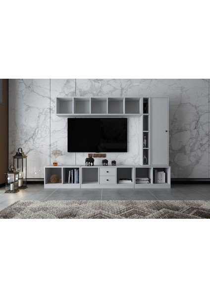 Duvar Dolaplı Tek Kapaklı Iki Çekmeceli Tv Ünitesi Beyaz 228 cm TV-1302-Ç