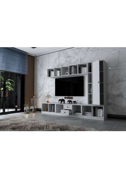 Duvar Dolaplı Tek Kapaklı Iki Çekmeceli Tv Ünitesi Beyaz 228 cm TV-1302-Ç modelleri