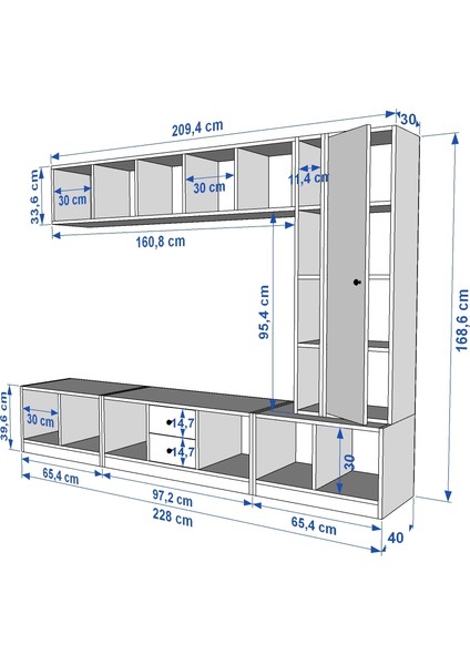 Duvar Dolaplı Tek Kapaklı Iki Çekmeceli Tv Ünitesi Beyaz 228 cm TV-1302-Ç fırsatları