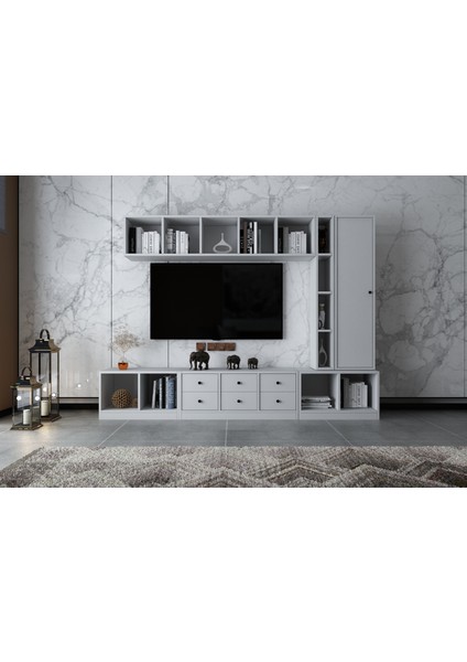 Duvar Dolaplı Tek Kapaklı Altı Çekmeceli Tv Ünitesi Beyaz 228 cm TV-1305-Ç