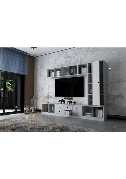 Duvar Dolaplı Tek Kapaklı Altı Çekmeceli Tv Ünitesi Beyaz 228 cm TV-1305-Ç modelleri