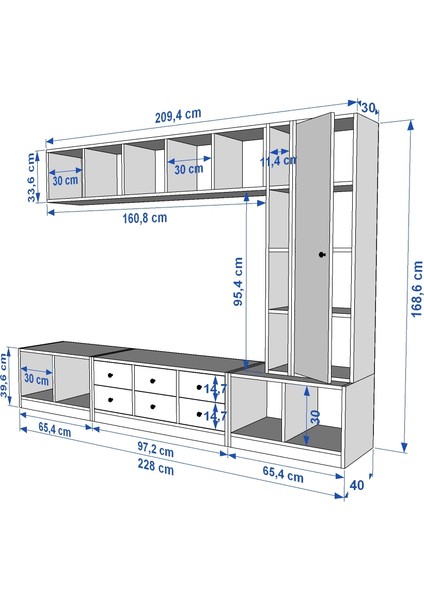 Duvar Dolaplı Tek Kapaklı Altı Çekmeceli Tv Ünitesi Beyaz 228 cm TV-1305-Ç fırsatları