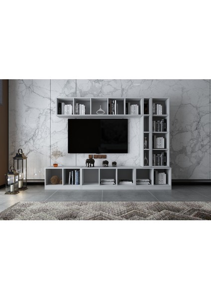 Duvar Raflı Kitaplıklı Tv Ünitesi Beyaz 228 cm TV-1306