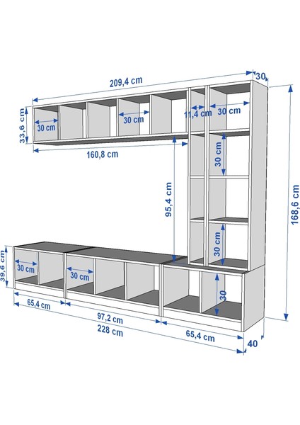 Duvar Raflı Kitaplıklı Tv Ünitesi Beyaz 228 cm TV-1306 modelleri