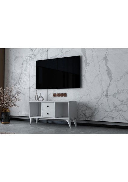 Raflı Iki Çekmeceli Ayaklı Tv Ünitesi Beyaz 97 cm Çıtasız TV-1308-Ç fiyatları