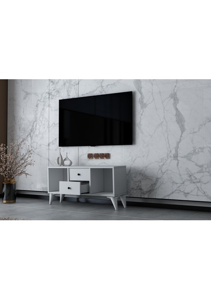 Raflı Iki Çekmeceli Ayaklı Tv Ünitesi Beyaz 97 cm Çıtasız TV-1308-Ç modelleri
