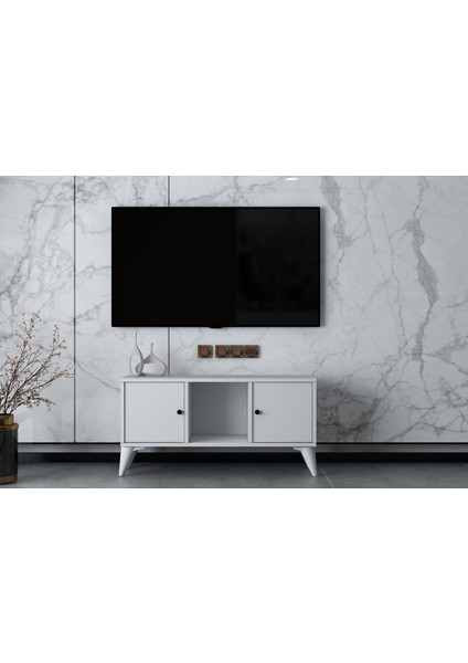 Raflı Iki Kapaklı Ayaklı Tv Ünitesi Beyaz 97 cm Çıtasız TV-1309-Ç