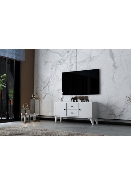 Iki Kapaklı Iki Çekmeceli Ayaklı Tv Ünitesi Beyaz 97 cm TV-1310-Ç fiyatları