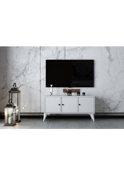 Üç Kapaklı Ayaklı Tv Ünitesi Beyaz 97 cm Çıtasız TV-1311-Ç