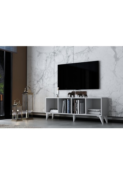 Kitaplıklı Ayaklı Tv Ünitesi Beyaz 129 cm TV-1312