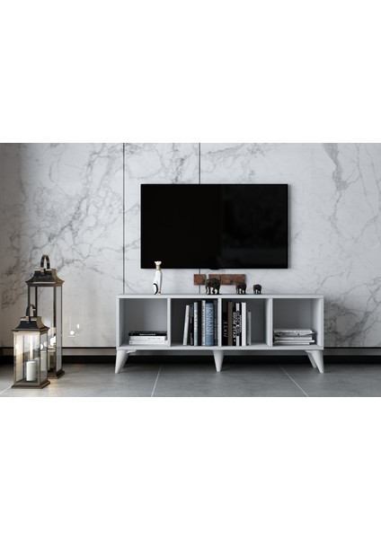 Kitaplıklı Ayaklı Tv Ünitesi Beyaz 129 cm TV-1312 fiyatları