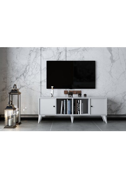 Iki Kapaklı Ayaklı Tv Ünitesi Beyaz 129 cm Çıtasız TV-1313-Ç