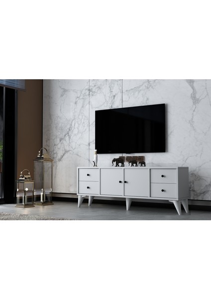 Iki Kapaklı Dört Çekmeceli Ayaklı Tv Ünitesi Beyaz 129 cm TV-1317-Ç fiyatları