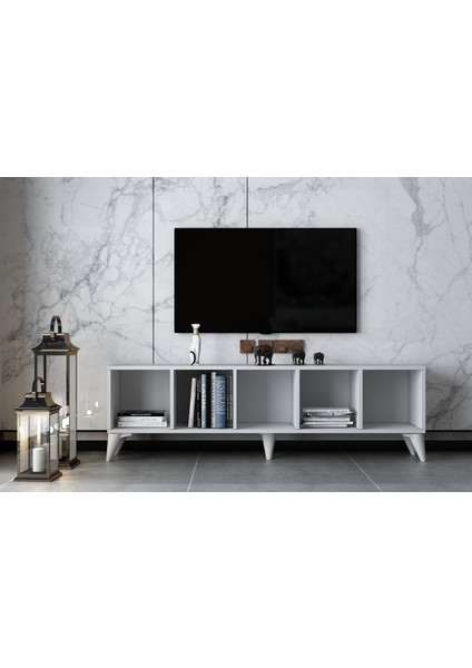 Kitaplıklı Raflı Ayaklı Tv Ünitesi Beyaz 160 cm TV-1318