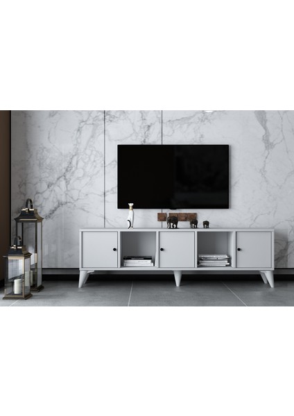 Üç Kapaklı Ayaklı Tv Ünitesi Beyaz 160 cm Çıtasız TV-1320-Ç