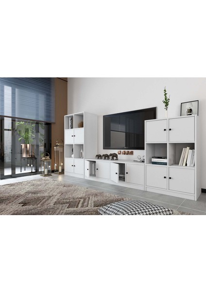 Oniki Kapaklı Raflı Tv Ünitesi Beyaz 260 cm Çıtasız TV-1245-Ç modelleri