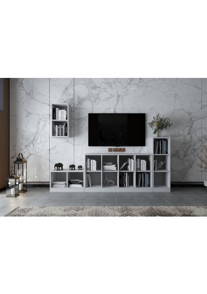 Duvar Kitaplıklı Raflı Tv Ünitesi Beyaz 228 cm TV-1268
