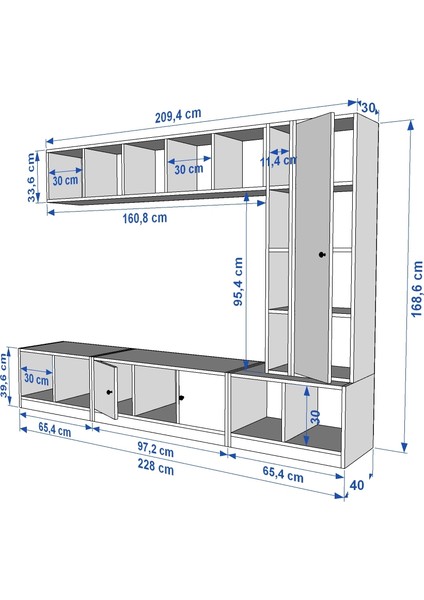 Duvar Raflı 3 Kapaklı Tv Ünitesi Beyaz 228 cm Çıtasız TV-1303-Ç fırsatları