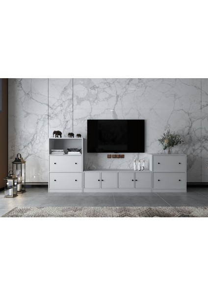 Sekiz Kapaklı Raflı Tv Ünitesi Beyaz 260 cm Çıtasız TV-1273-Ç