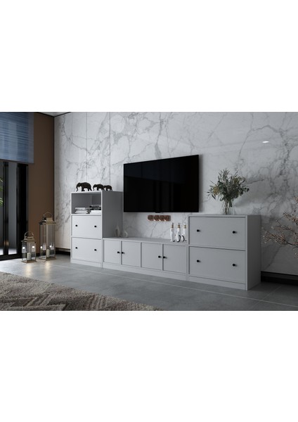 Sekiz Kapaklı Raflı Tv Ünitesi Beyaz 260 cm Çıtasız TV-1273-Ç modelleri