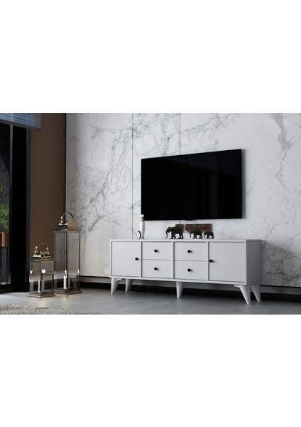 Iki Kapaklı Dört Çekmeceli Ayaklı Tv Ünitesi Beyaz 129 cm TV-1316-Ç fiyatları
