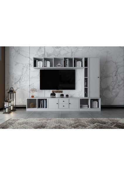 Duvar Dolaplı Üç Kapaklı Iki Çekmeceli Tv Ünitesi Beyaz 228 cm TV-1304-Ç