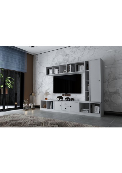 Duvar Dolaplı Üç Kapaklı Iki Çekmeceli Tv Ünitesi Beyaz 228 cm TV-1304-Ç fiyatları