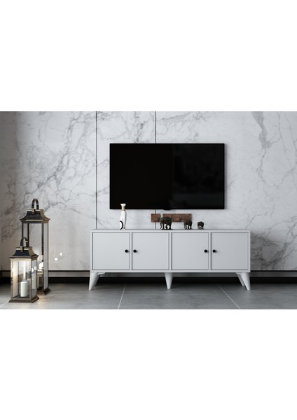 Dört Kapaklı Ayaklı Tv Ünitesi Beyaz 129 cm Çıtasız TV-1315-Ç