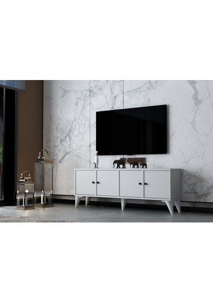Dört Kapaklı Ayaklı Tv Ünitesi Beyaz 129 cm Çıtasız TV-1315-Ç fiyatları
