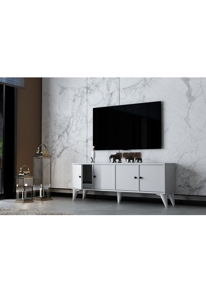 Dört Kapaklı Ayaklı Tv Ünitesi Beyaz 129 cm Çıtasız TV-1315-Ç modelleri