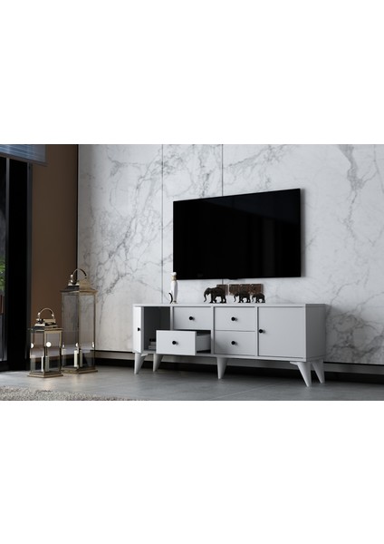 Iki Kapaklı Dört Çekmeceli Ayaklı Tv Ünitesi Beyaz 129 cm TV-1316-Ç modelleri