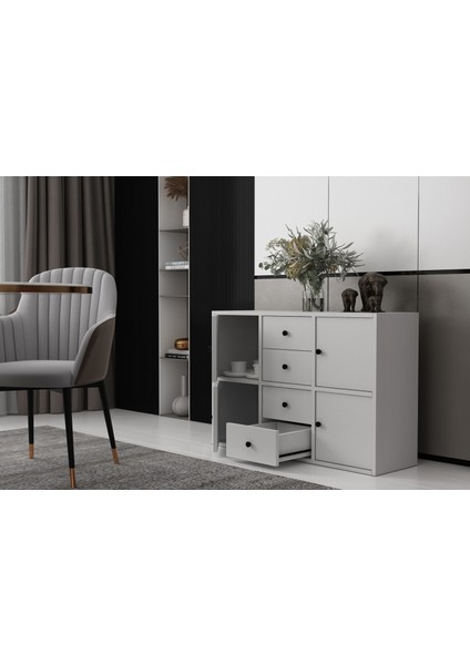 Dört Kapaklı Dört Çekmeceli Raflı Beyaz Konsol Çıtasız KNS-1156-Ç modelleri