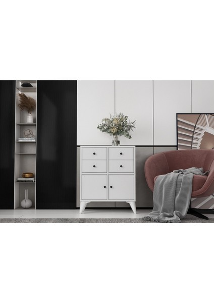 Ayaklı Iki Kapaklı Dört Çekmeceli Raflı Beyaz Konsol Çıtasız KNS-1249-Ç