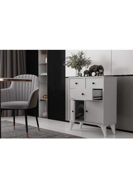 Ayaklı Iki Kapaklı Dört Çekmeceli Raflı Beyaz Konsol Çıtasız KNS-1249-Ç modelleri