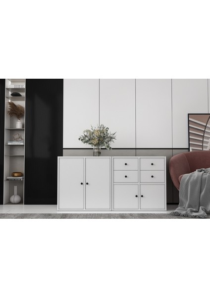 Dört Kapaklı Raflı Beyaz Konsol Çıtasız KNS-1184-Ç
