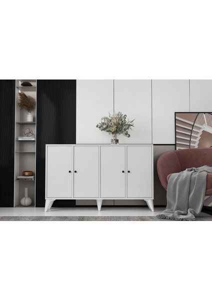 Ayaklı Dört Kapaklı Raflı Beyaz Konsol Çıtasız KNS-1272-Ç