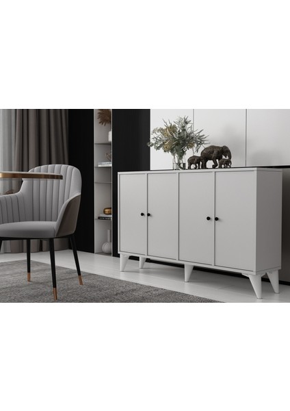 Ayaklı Dört Kapaklı Raflı Beyaz Konsol Çıtasız KNS-1272-Ç fiyatları