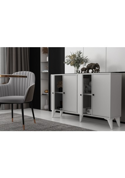 Ayaklı Dört Kapaklı Raflı Beyaz Konsol Çıtasız KNS-1272-Ç modelleri