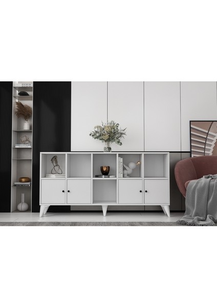 Ayaklı Dört Kapaklı Raflı Beyaz Konsol Çıtasız KNS-1276-Ç