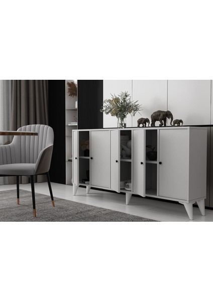Ayaklı Beş Kapaklı Raflı Beyaz Konsol Çıtasız KNS-1282-Ç modelleri