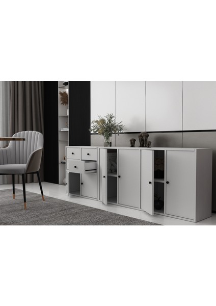 Altı Kapaklı Dört Çekmeceli Raflı Beyaz Konsol Çıtasız KNS-1206-Ç modelleri